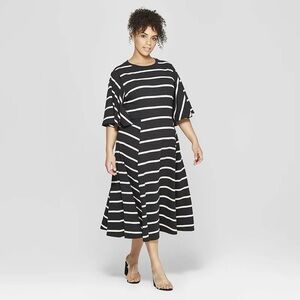 Black & White Striped Bell Sleeve Crew Neck A-Line Dress